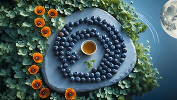 Arrangement of Blueberries, Honey and Flowers on Stone with Moon photo