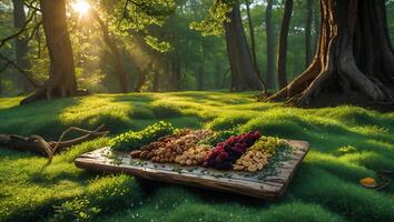 Arrangement of Nuts and Berries on Wooden Board in Forest photo