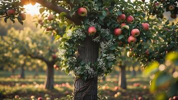 Apple Orchard with Floral Wreath and Sunlight Shining Through Trees photo