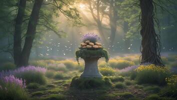 Lavender and Biscuits on Stone Pedestal in Forest with Sunlight photo