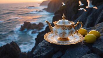 Elegant Teapot and Lemons Overlooking Dramatic Ocean Cliffs at Sunset photo