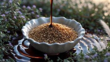Syrup Pouring Over Seeds in Bowl Surrounded by Small Flowers photo