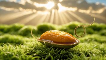 Orange Filling with Tendril Resting on Lush Green Moss in Sunlight photo