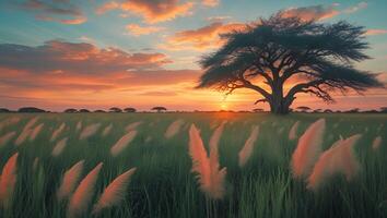 Tree Silhouette in a Field at Sunset with Colorful Sky photo