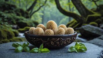Morel Mushrooms in Bowl with Basil on Stone Surface Outdoors photo