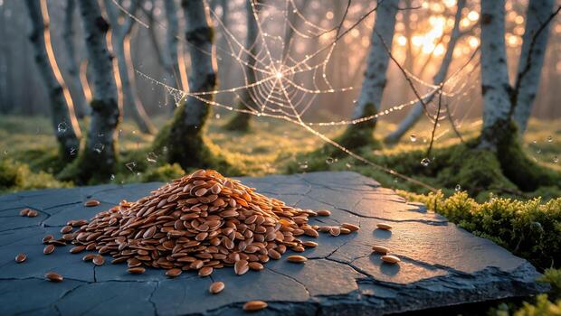 Flax Seed Pile on a Slate Slab in Forest Setting photo
