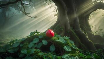 Apple Resting on Moss Covered Roots in a Forest Glade photo