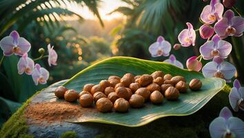 Macadamia Nuts on Leaf with Orchids in a Sunny Tropical Setting photo