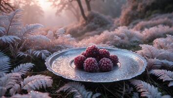 Serving of Fresh Raspberries on Silver Plate in Winter Landscape photo