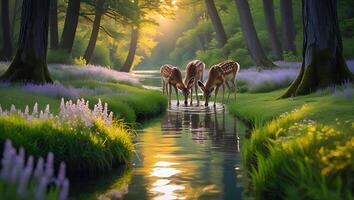 Deer Drinking in Forest Stream at Sunset with Flowers and Trees photo