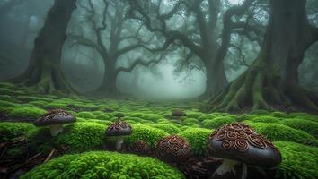 Mushrooms Growing on Mossy Forest Floor Under Canopy in Mist photo