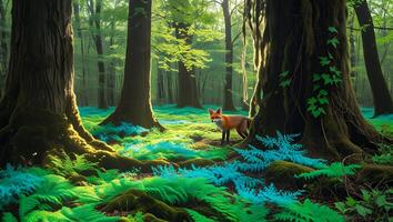 Fox Standing in a Tranquil Forest with Vibrant Green Ferns photo