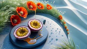Serving Fresh Passion Fruit Halves with Honey and Poppy Flowers photo