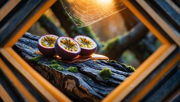 Passion Fruit Halves on Mossy Log with Spiderweb in Background photo