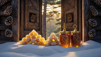 Honey Jars and Candies in a Winter Forest Scene with Doorway photo