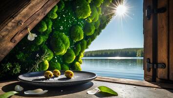 Still Life with Olives and Lake View From Wood Cabin Window photo