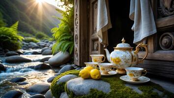 Tea Set by Flowing River with Lemons and Open Wooden Door photo