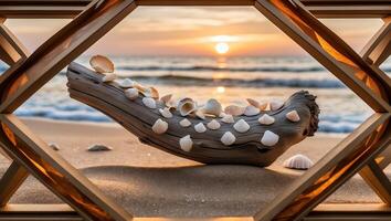 Seashells on Driftwood at Sunset on Beach Framed Art photo