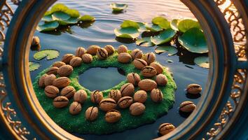 Walnuts Floating on Green Pad in Water Lilies Viewed Through Frame photo