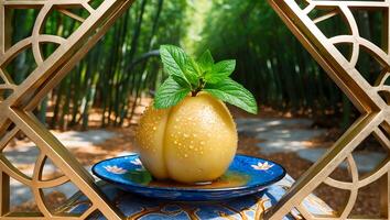 Close Up of Peach Dessert with Mint Leaves in Bamboo Forest photo