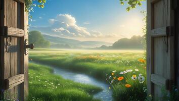 Opening Wooden Door Reveals Sunny Meadow Landscape with Flowing Stream photo