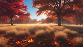 Walking Through Autumn Park at Sunrise with Fallen Colorful Leaves photo