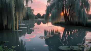 Willow Trees Overhanging Calm Pond at Sunset Reflecting Colorful Sky photo