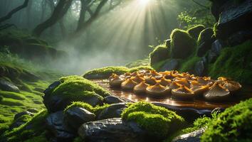 Mushrooms Growing in Forest with Mossy Rocks and Sunlight Streaming Through photo