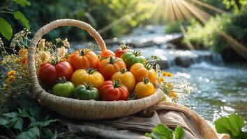 Colorful Tomatoes in Basket Near River with Sunlight Streaming Through photo