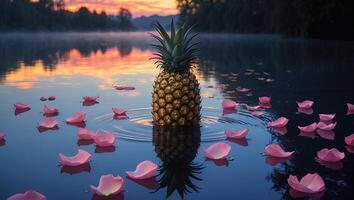Pineapple Floating on a Calm Lake with Pink Flower Petals photo