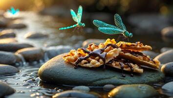 Cookies with Chocolate and Dragonflies on Rocks by Flowing Stream photo