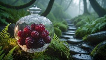 Blackberries in Glass Jar on Mossy Forest Path with Fog photo