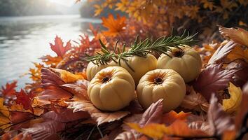 Gathered Gourds and Fallen Leaves Creating an Autumn Still Life by Water photo