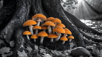 Orange Mushrooms Growing at Base of Tree with Sunlight Shining Through photo
