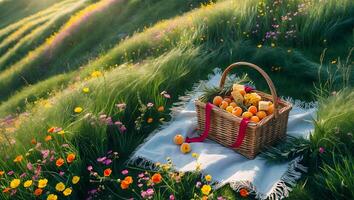 Picnic Basket with Fruit and Blanket in a Grassy Meadow photo
