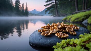 Walnuts on River Stone with Misty Lake and Mountain Backdrop photo