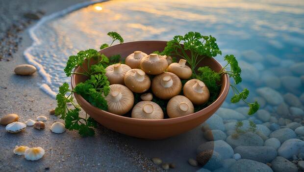 hongos en cuenco con hierbas en playa cerca Oceano olas foto