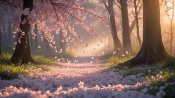 Blossom Path in Spring Forest with Petals and Warm Light photo