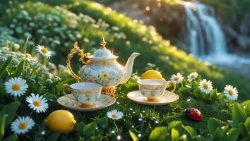 Elegant Tea Set with Lemons and Daisies on Grassy Hillside photo