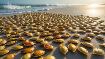 Scattered Pumpkin Seeds on a Beach with Waves Approaching Shoreline photo
