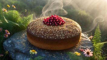 Cake with Pomegranate Seeds and Sesame Seeds Outdoors on Stone photo