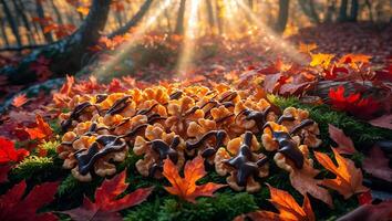 Waffle Cookies with Chocolate in Autumn Forest with Sunlight photo