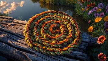 Decorative Seed Spiral on Log Near Water and Colorful Flowers photo