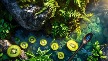 Kiwi Slices Floating in Stream with Spoon and Dragonfly photo