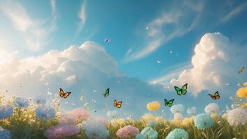 Butterflies Flying Above Floral Meadow with Sunny Sky and Clouds photo