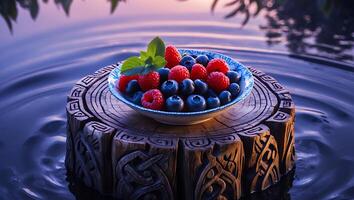 Bowl of Fresh Berries on Wooden Stand in Calm Water Scene photo