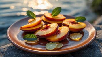Serving Peach Slices with Mint and Citrus by Water at Sunset photo
