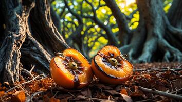 Sliced Persimmon Fruit in Forest Setting with Autumn Leaves photo