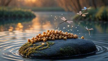 Chickpeas on Rock in Water with Dragonflies at Golden Hour photo