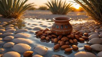 Almonds and Decorated Pot in Desert Oasis with Sunrise Glow photo
